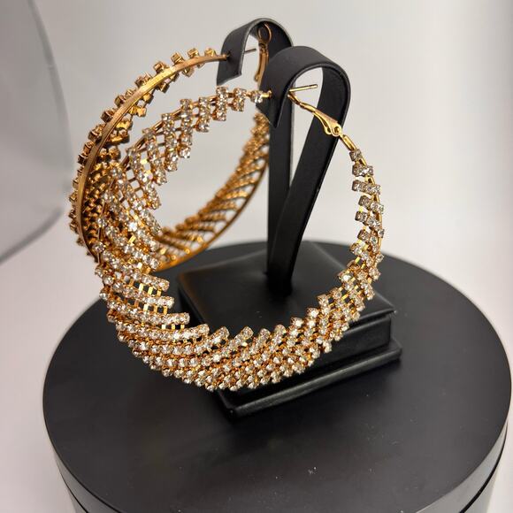 Gold Hoop Earrings Filigree Cut Out Encrusted Cubic Zirconia Statement Jewelry - Picture 2 of 6